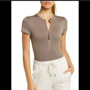 NWT Zella Brown Front Half Zip Bodysuit small
